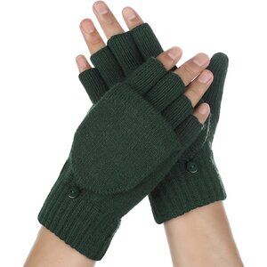 Women's Green Fashionable Windproof Fingerless Lining Mittens Flip Cover Gloves